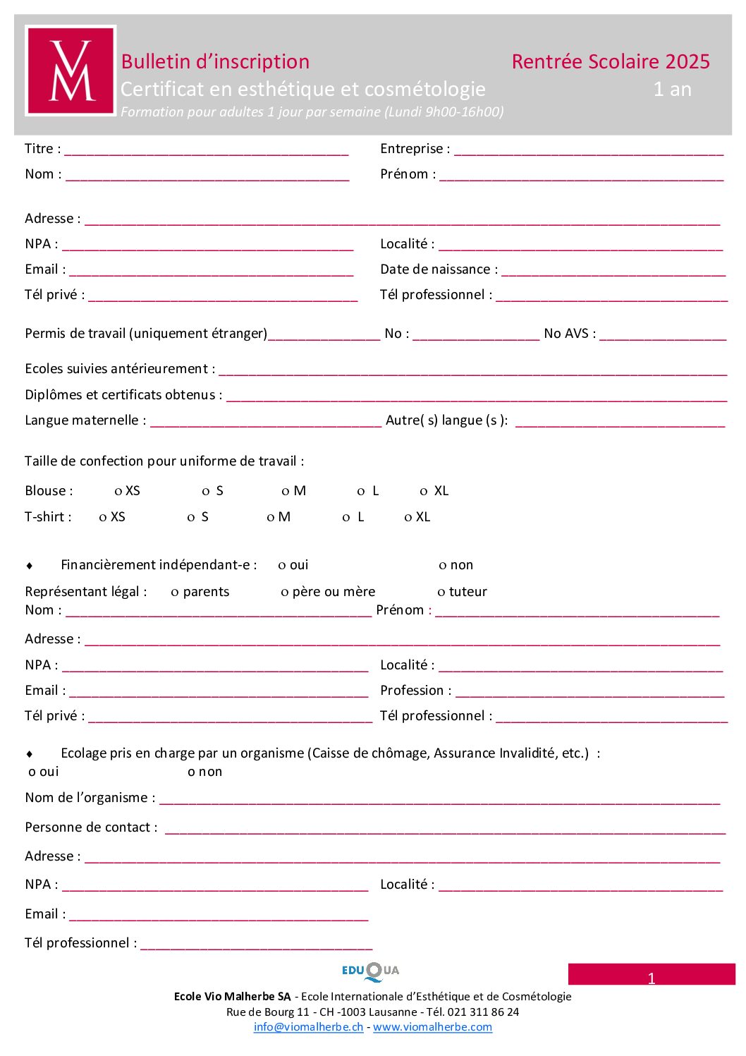 bulletin inscription certif adulte 1 an 2025 - Vio Malherbe